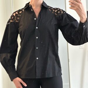 Elie Tahari Black Button Down Shirt with Embroidered Shoulders
